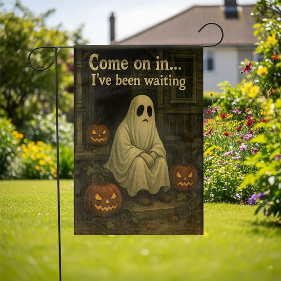 ViciArt Sad Ghost Pumpkin Porch Flag – 12”x18” Brown Vintage Halloween Outdoor Decor, Seasonal Garden Flag