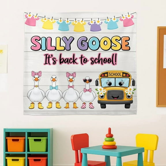 ViciArt Silly Goose Back to School Classroom Tapestry – 30"x40" White Polyester Teacher Wall Banner with School Bus & Ducks