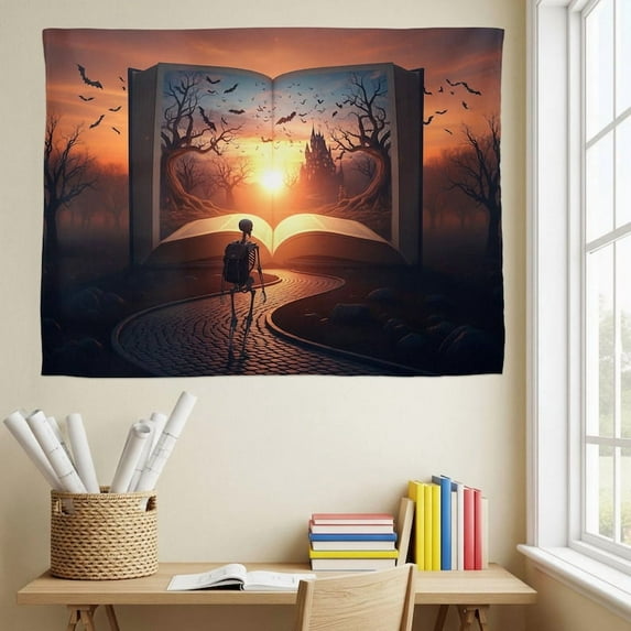 ViciArt Skeleton Bookway Wall Tapestry – 60"x90" Polyester Haunted Path Magic Book Castle Sunset Decor