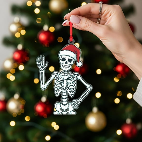 ViciArt Skeleton Christmas Ornament, Acrylic or Fiber Wood, Funny Santa Hat Holiday Decor