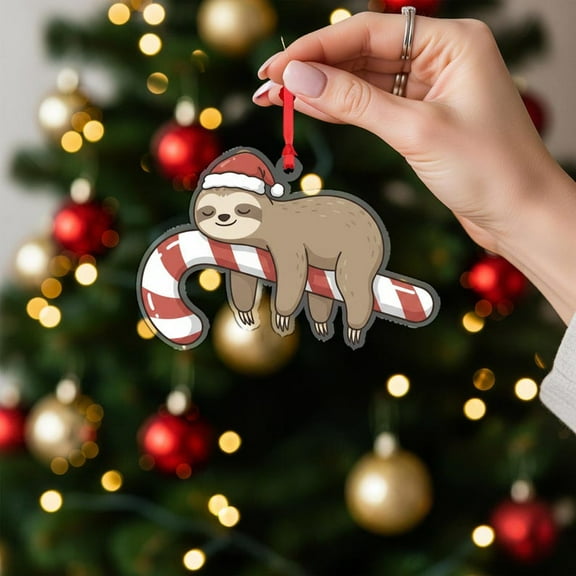 ViciArt Sloth Christmas Ornament, 3mm Acrylic or Wood, Holiday Candy Cane & Santa Hat Decoration
