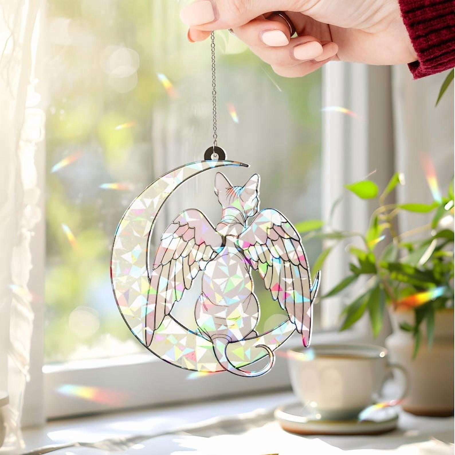 ViciArt Sphynx Angel Cat Suncatcher, 6" Holographic Acrylic Window Hanging, Celestial Pet Memorial Decor