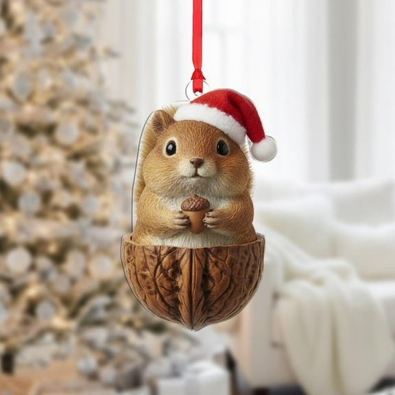 ViciArt Squirrel Christmas Ornament, Nut & Santa Hat Holiday Decor, Woodland Animal Gift