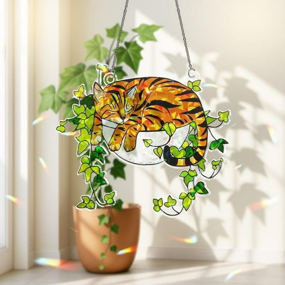 ViciArt Stained Glass Suncatcher Cat Hanging Planter – 4" Acrylic Tiger Tabby, Ivy Decor, Window Sunlight Catcher, Rainbow Reflections, Boho Home Gift