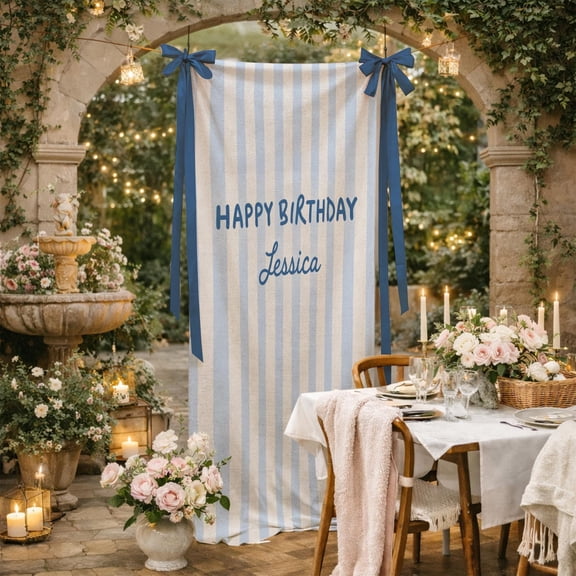 ViciArt Striped Cotton Linen Birthday Banner, Custom Name Party Backdrop