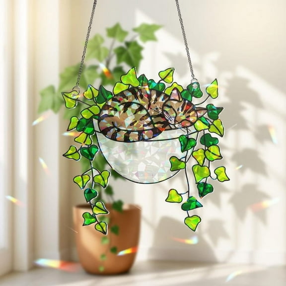 ViciArt Tabby Cat in Planter Acrylic Suncatcher – 4" Holographic Ivy Window Hanging, Stained Glass Style Pet Decor, Sunlight Prism Ornament for Home