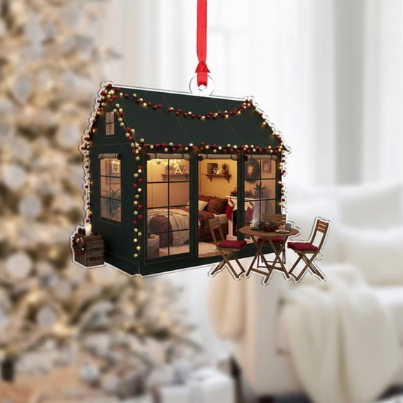 ViciArt Tiny House Christmas Ornament, Rustic Winter Lodge, Miniature Cabin with LED Lights