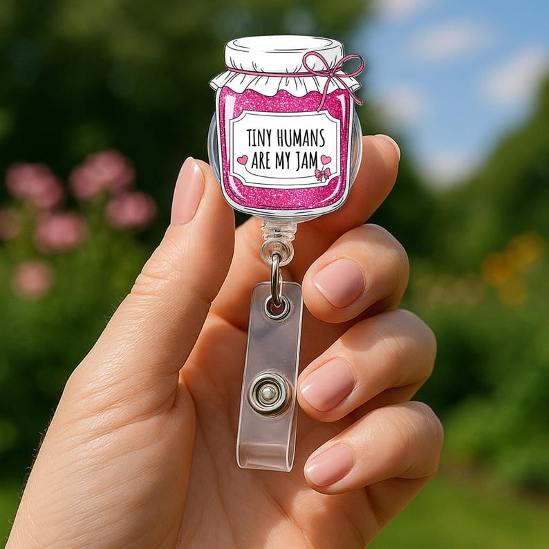 ViciArt Tiny Humans Are My Jam Badge Reel, Acrylic Retractable ID Holder, Pink Glitter Jar Clip