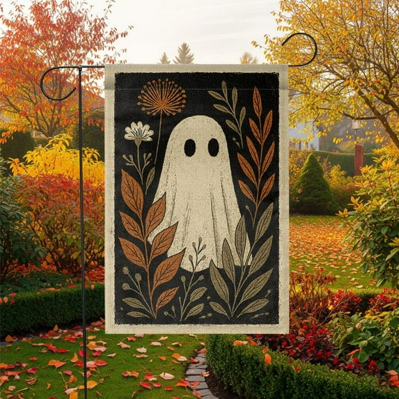ViciArt Vintage Ghost Garden Flag – 28”x40” Halloween Fall Outdoor Decor, Rustic Floral Yard Flag