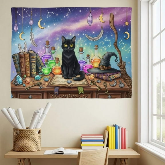 ViciArt Witchy Black Cat Tapestry – 30"x40" Polyester Celestial Potion Witch Wall Hanging, Gothic Boho Altar Decor for Witches