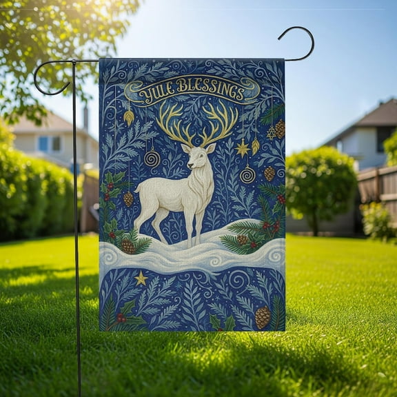 ViciArt Yule Blessings Garden Flag – Pagan Winter Solstice Yard Decor, White Stag Design, Polyester
