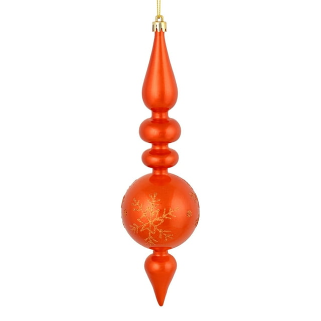 Vickerman 10 by 2.4" Burnished Orange Candy Glitter Snowflake Finial 4/Bag. Add some sparkle and shine to your holiday decorating projects with this 10 inch finial ornament. Made with shatterproof pla