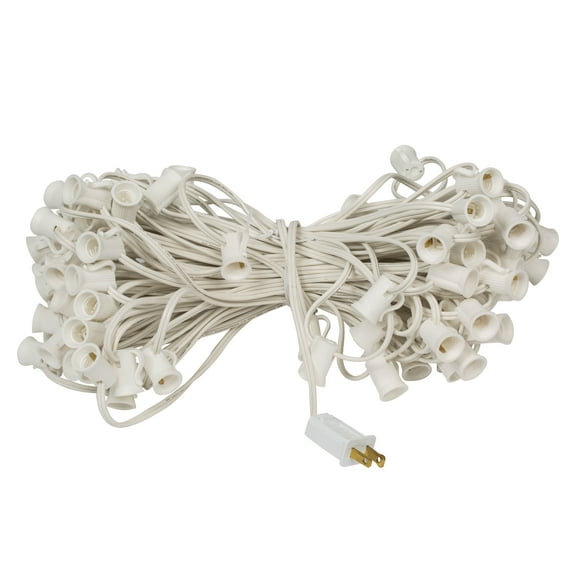 Vickerman 100' C7 Socket Wire with 100 C7 Sockets on SPT-1, 18 Wire Gauge, White. 100' Length strand. 12" Socket spacing. 12" Male lead, 6" crimped end. Ability to replace the fuses in sockets.