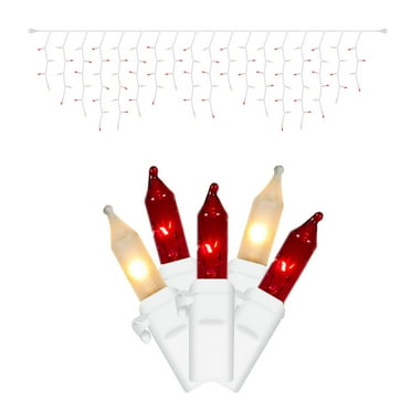 Vickerman 100 Red-Frosted White Mini Light Icicle Light on White Wire, 9' Christmas Light Strand
