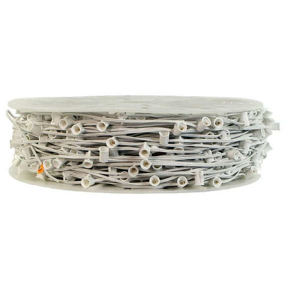 Vickerman 1000' C7 Socket Wire with 1000 C7 Sockets on SPT-1, 18 Wire Gauge, White. 1000' Length strand. 12" Socket spacing. 12" Male lead, 6" crimped end. Ability to replace the fuses in sockets.