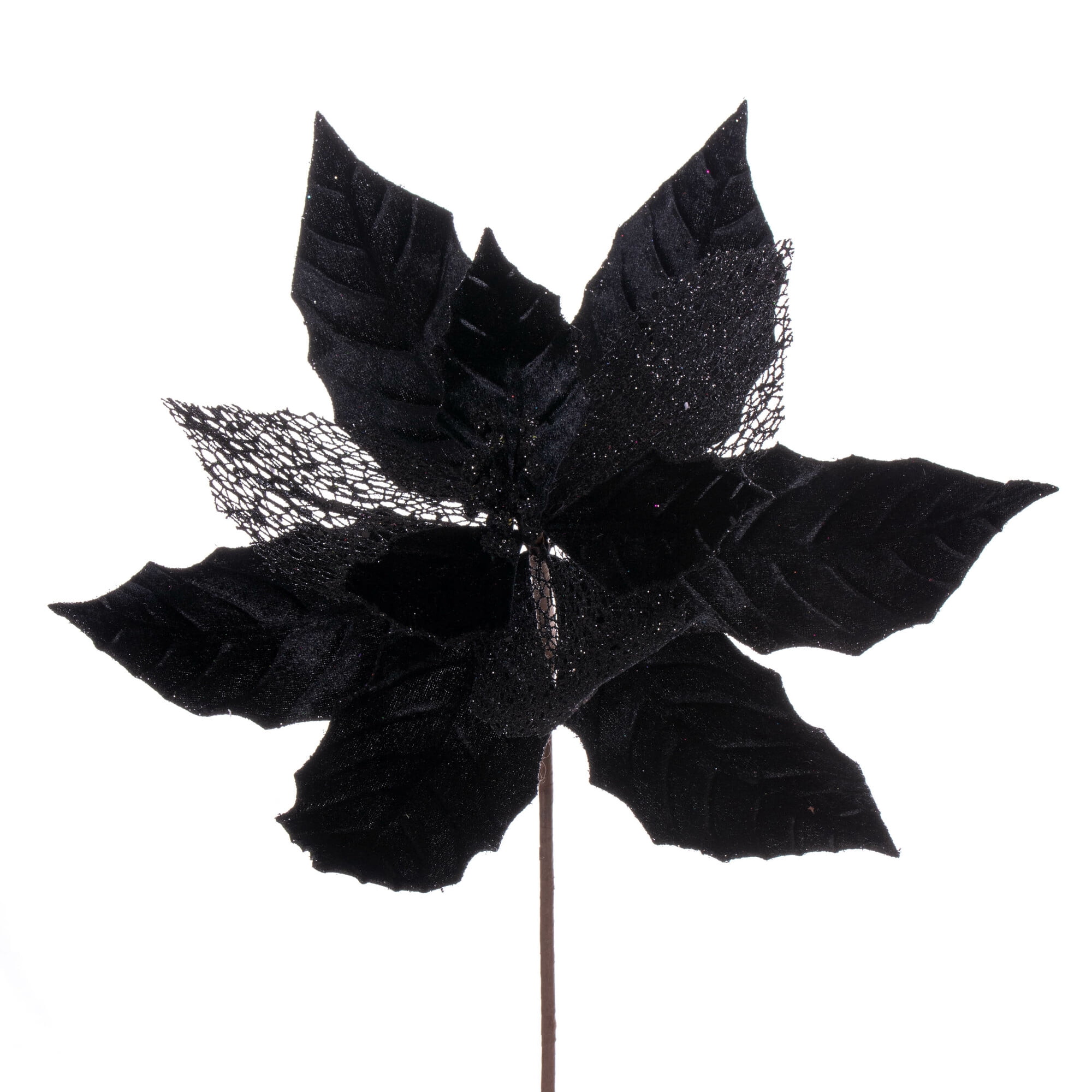 Vickerman 6 Pack Poinsettia Flowers - 11 Inch Pewter Velvet & Glitter Mesh Stems For Christmas Decor