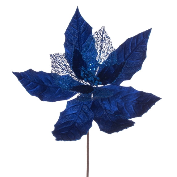 Vickerman 11" Blue Velvet and Glitter Mesh Poinsettia Flower on Stem, 6 per bag.