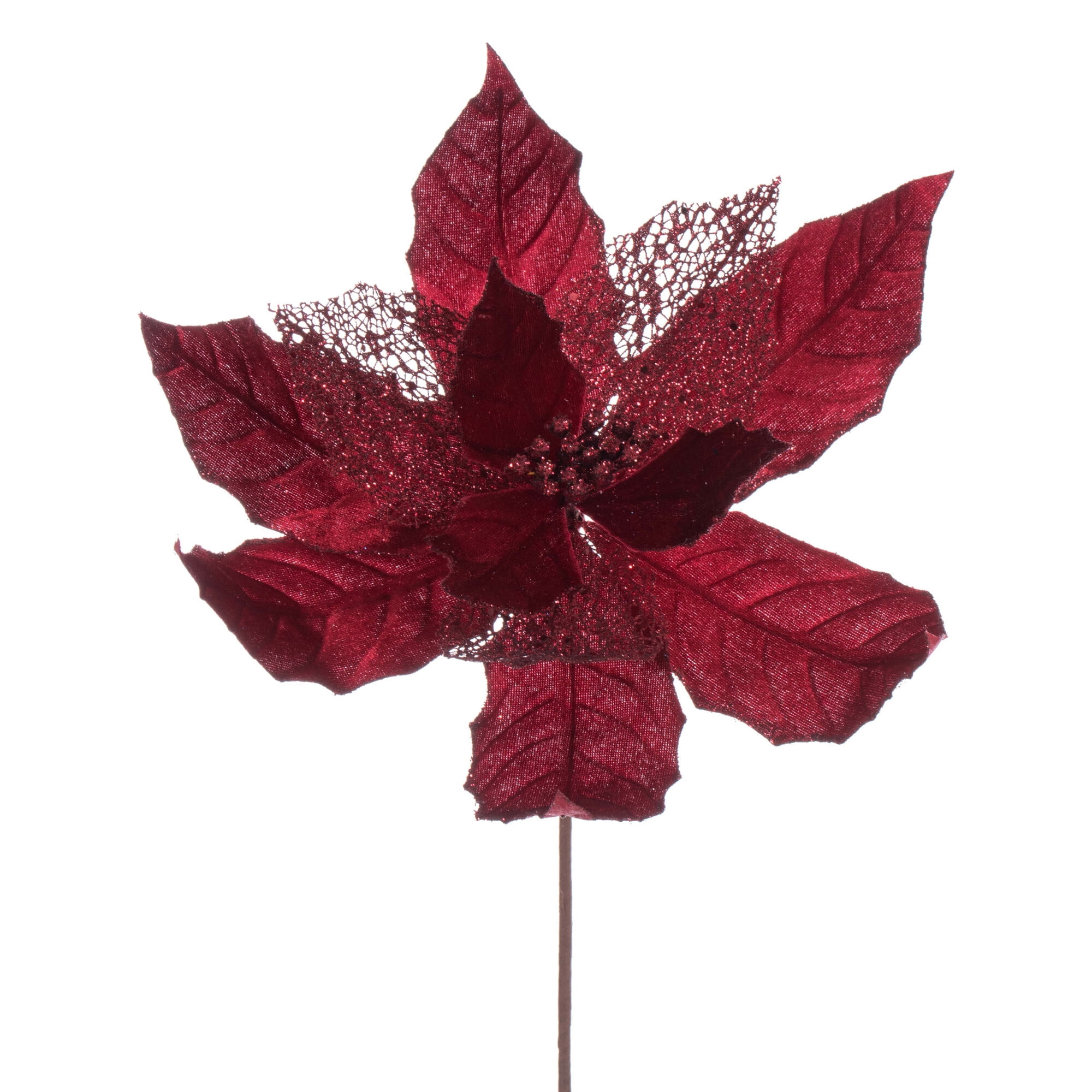 Burgundy Velvet and Glitter Mesh Poinsettia Flower Arrangement