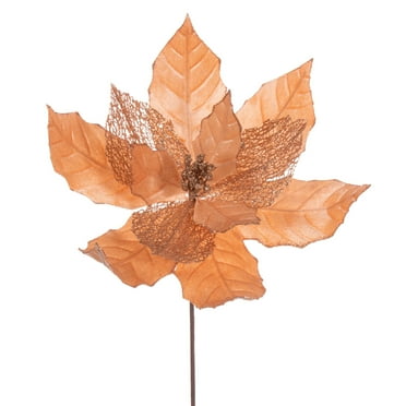 Vickerman 11" Rose Gold Velvet and Glitter Mesh Poinsettia Flower on Stem, 6 per bag.