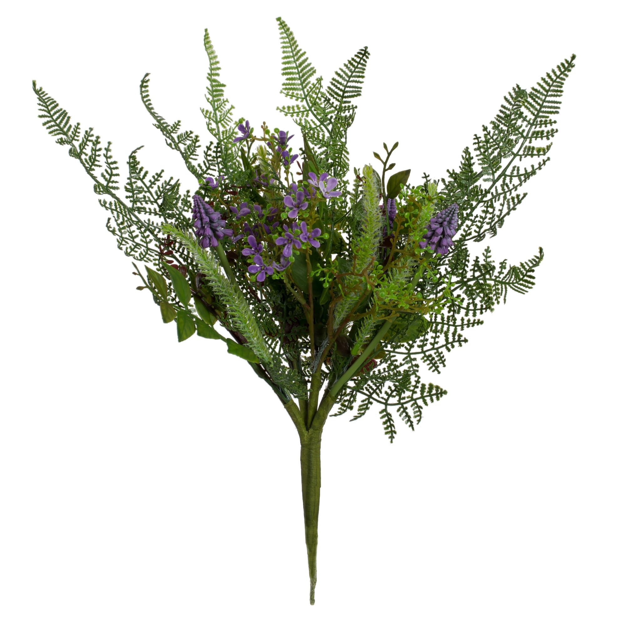 16" Green and Purple Artificial Fern and Flower Arrangement