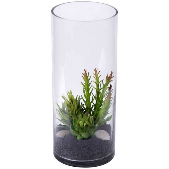 Vickerman 12" x 5" Modern Glass Cyclinder Vase with Artificial Succulent Plants