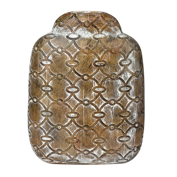 Vickerman 13.8" Flat Brown Vase Circular Pattern. This vase features a slim profile for added depth. It measures about 13 inches tall by 10 inches wide and 3.5 inches deep. It is made with polyresin m