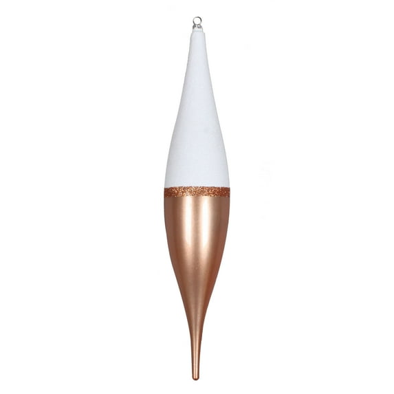 Vickerman 13" Rose Gold Candy/White Glitter Finial 3/Bg. This ornament features a white glitter top, a stripe of rose gold glitter, and a candy finish bottom. Includes 3 pieces per bag. Made of shatte