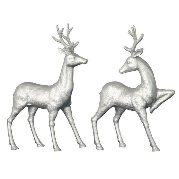Vickerman 13" Silver Deer Set with Glitter. This assortment of two includes one standing deer and one pointing deer. These feature glitter accents on the antlers and hooves.