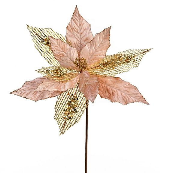 Vickerman 13" x 23" Rose Gold Poinsettia Mesh Glitter Artificial Christmas Spray. Includes 6 sprays per pack.