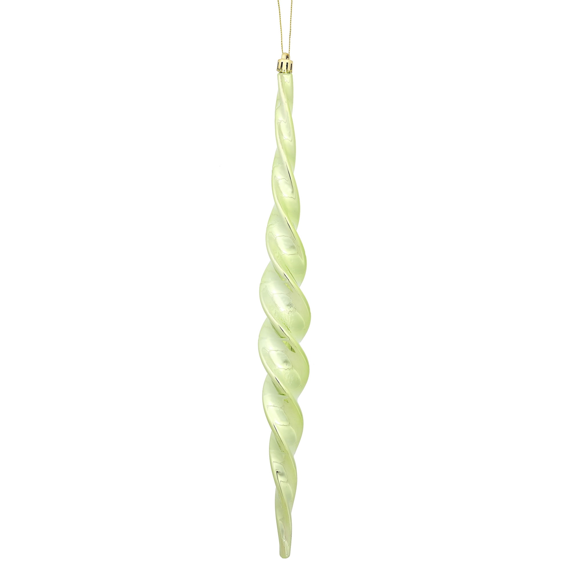 Vickerman 14.6" Celadon Shiny Spiral Icicle Ornament, with drilled and wired caps. Comes 2 per Box.