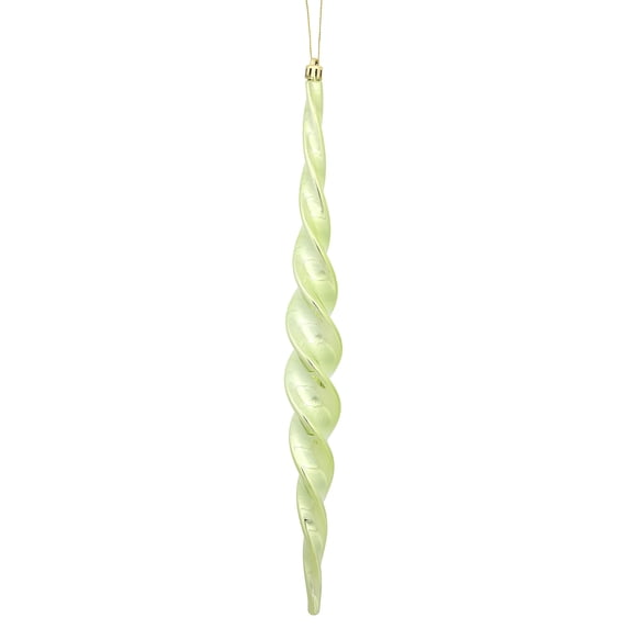 Vickerman 14.6" Celadon Shiny Spiral Icicle Ornament, with drilled and wired caps. Comes 2 per Box.