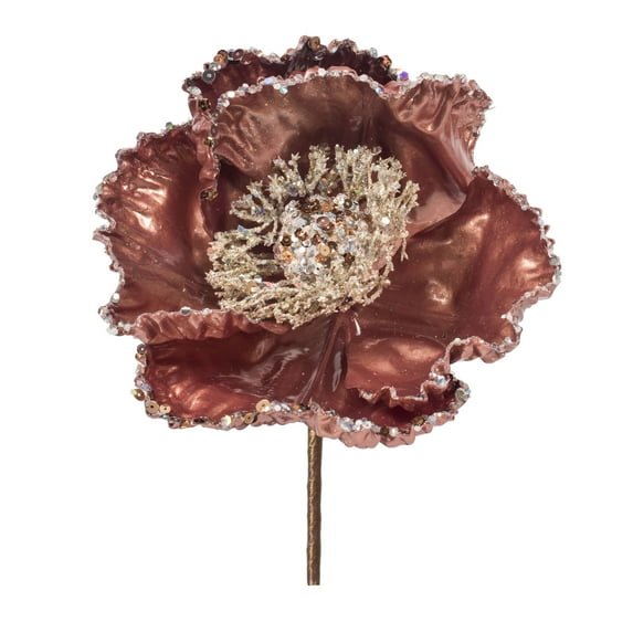 Vickerman 14" Rose Gold Pearl Glitter Poppy 8" Flower Head 3/Bag. This flower features eye-catching glitter accents that will take your decorating project to the next level. Includes 3 pieces per bag.