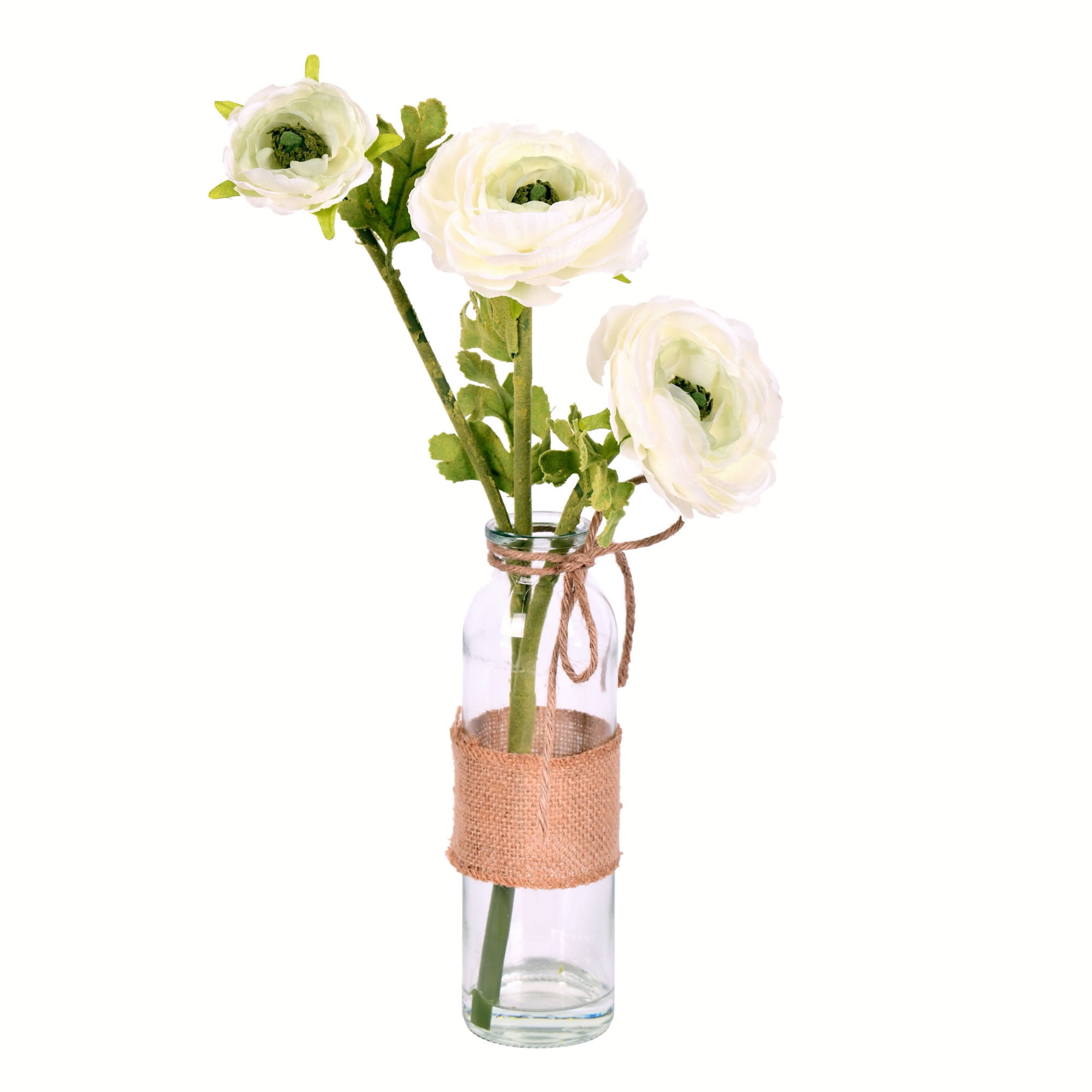 Cream Artificial Camellia in Glass Vase with Burlap Accent
