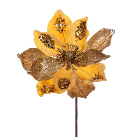 Vickerman 15" Artificial Gold Deluxe Magnolia Christmas Stem, 8" Flower, 6 per bag