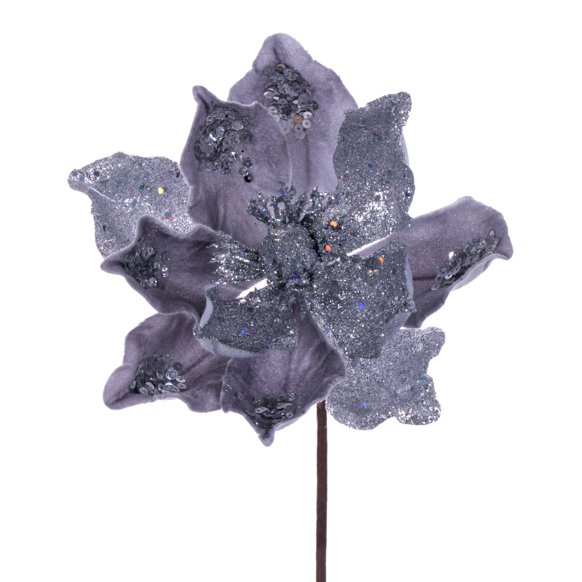15" Silver Glitter Magnolia Christmas Stem with Wired Stem