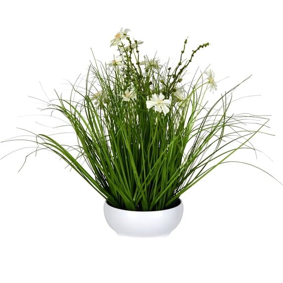 Vickerman 16.5" Artificial Potted Cream Cosmos and Green Grass.
