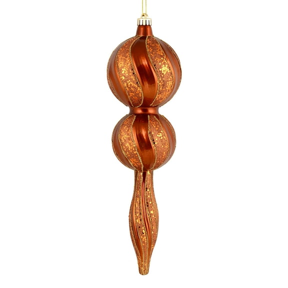 Vickerman 16.5" Copper Candy Glitter Finial. Create a beautiful holiday arrangement with this large Candy finial that features glitter accents. Made with shatterproof plastic. Ornament has a drilled c