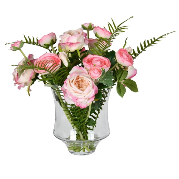 Vickerman 16" Artificial Dark Pink Rose In Glass Pot.