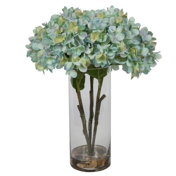 Vickerman 17" Artificial Blue Hydrangea Bouquet in Glass Vase