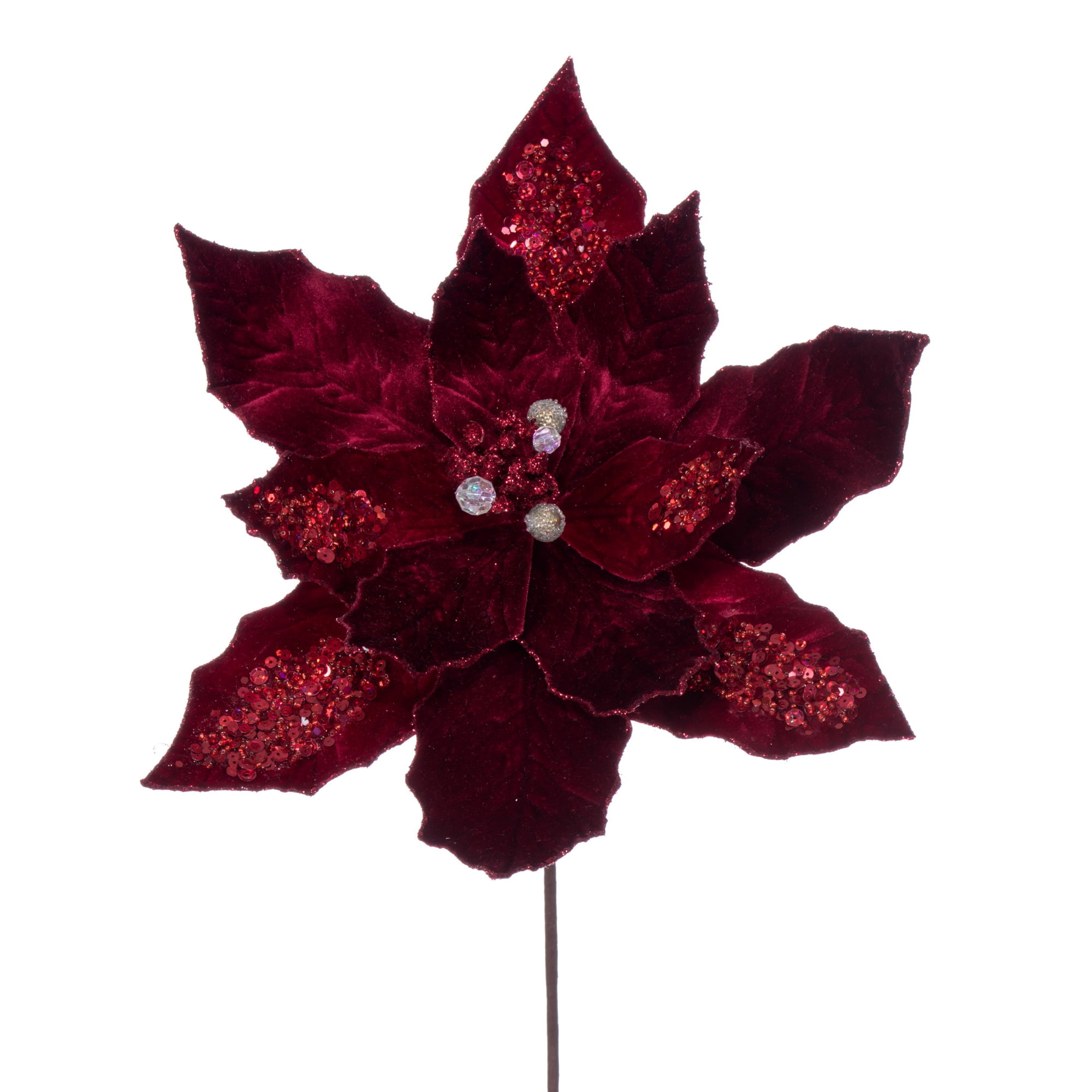 Burgundy Glittered Artificial Poinsettia Christmas Stem