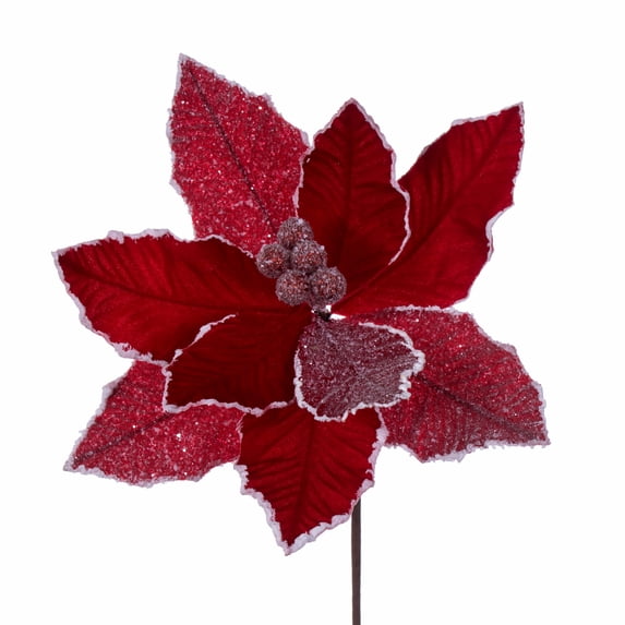 Vickerman 17" Artificial Pointsettia Christmas Stem, Glitter Finish Holiday Decor Accent, 5 Pack, Red