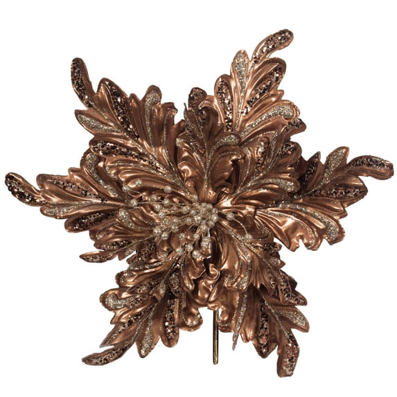 Vickerman 17" Chocolate Pearl Glitter Poinsettia Artificial Christmas Stem, 3 per Bag