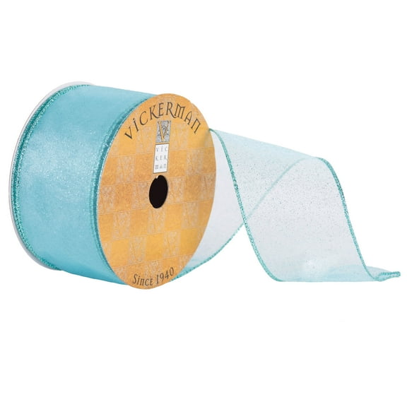 Vickerman 2.5" x 10 Yards Aqua Sheer Glitter Wired Edge Christmas Ribbon