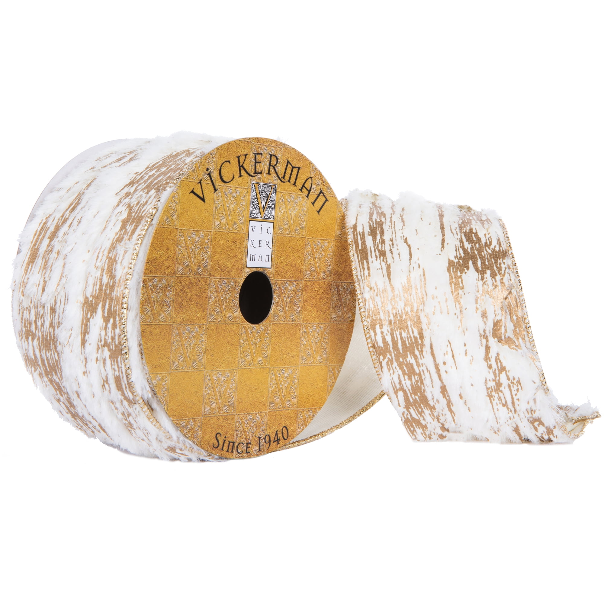 Vickerman 2.5" x 10 Yards Ivory Faux Fur Gold Encrusted Christmas Ribbon