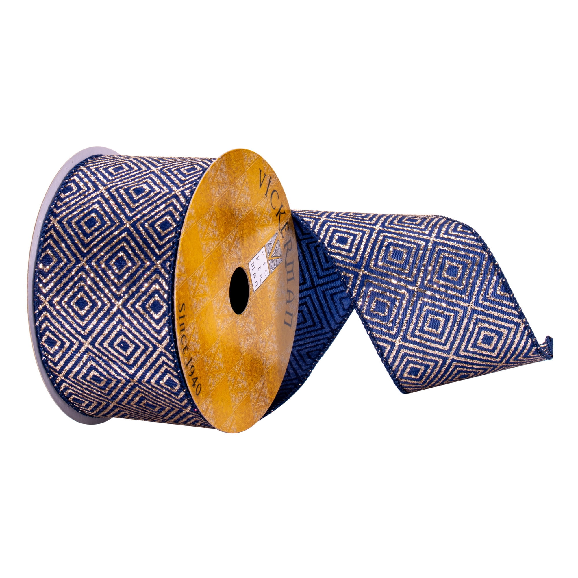 Vickerman 2.5" x 10 Yards Navy with Champagne squares Ribbon