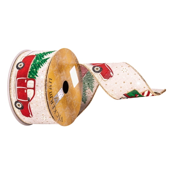 Vickerman 2.5" x 10 Yards Red, Green, and Beige Truck and Wagon Ribbon