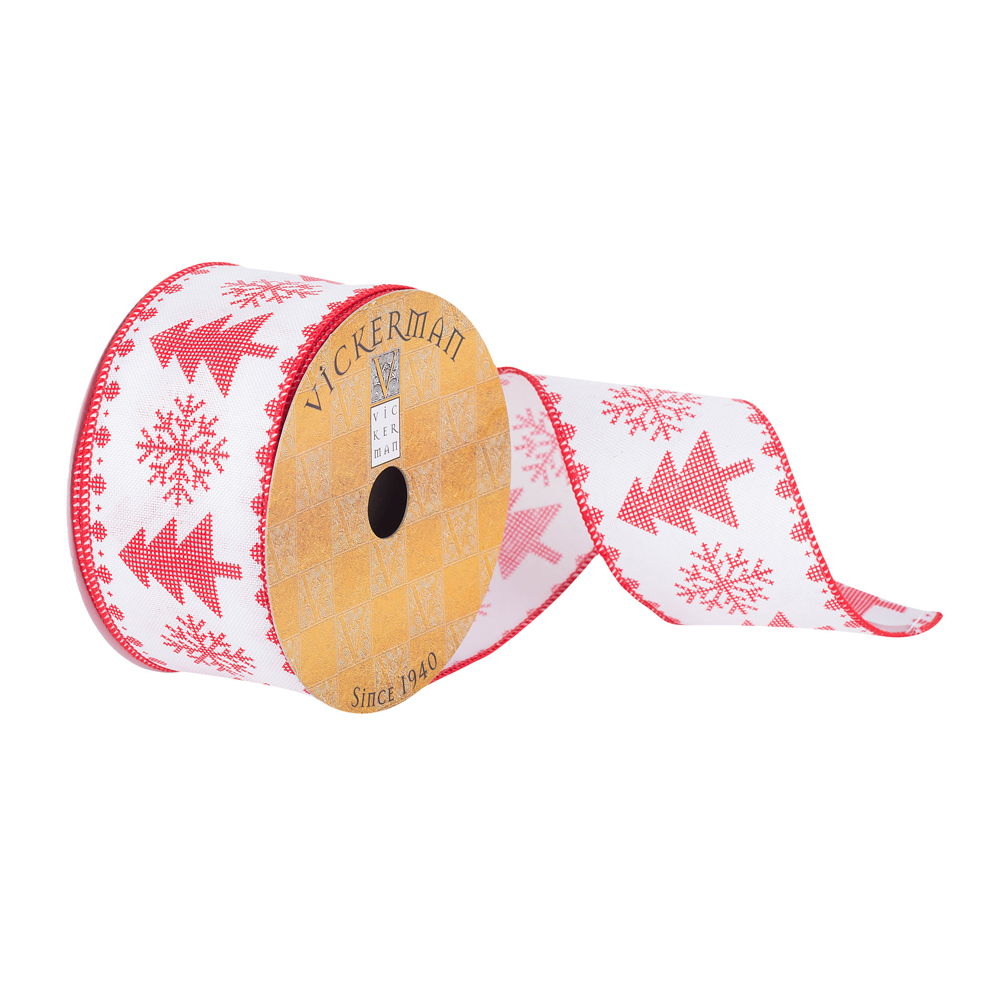 Vickerman 2.5" x 10 Yards White and Red Tree Snowflake Christmas Ribbon
