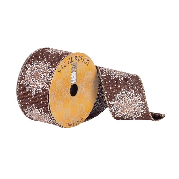 Vickerman 2.5" x 10 yard Chocolate Dupion White Snowflake Christmas Ribbon