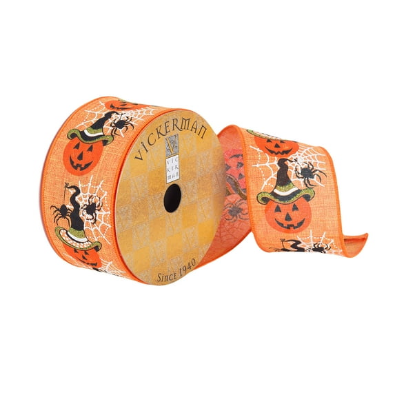 Vickerman 2.5" x 10 yard Orange Pumpkin, Spider and Web Dupion Ribbon