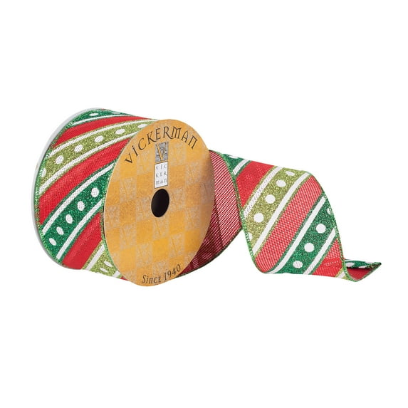 Vickerman 2.5" x 10 yard Red, Green and White Stripe Dots Christmas Ribbon